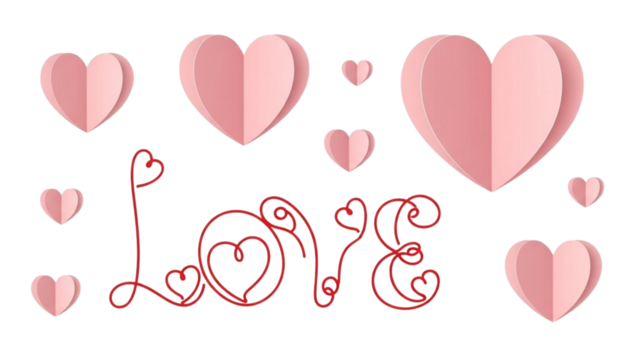 Pink paper hearts and red cursive word love on black background image - Powered by Adobe