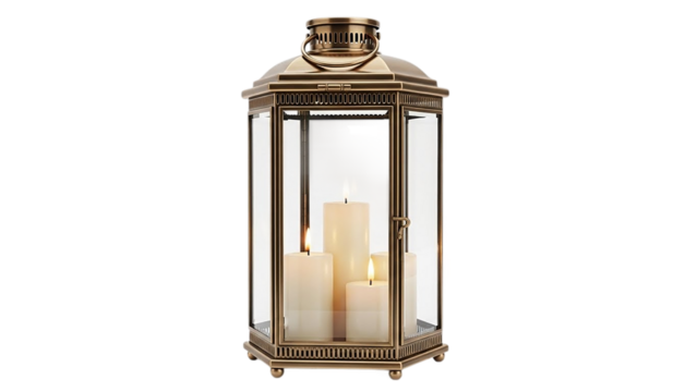 Decorative lantern with candles inside standing against a transparent  background 