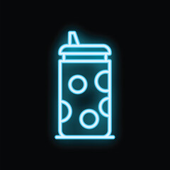 Blue neon sign of a baby bottle with a straw, glowing on a black background, ideal for a bar or restaurant