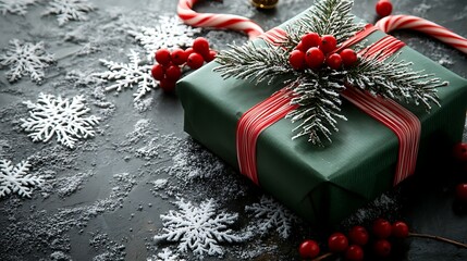 Winter festive flat lay with green gift box candy cane snowflakes red berries and bell
