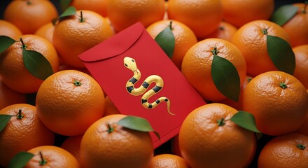Celebrate Chinese New Year with abundant oranges and a lucky red envelope featuring a golden snake for prosperity and good fortune in the coming year