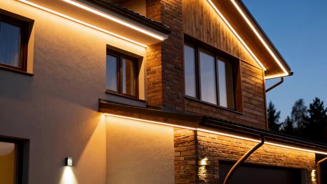 Casual facade lighting featuring warm soft glows on a residential building evoking a cozy and inviting evening ambiance.