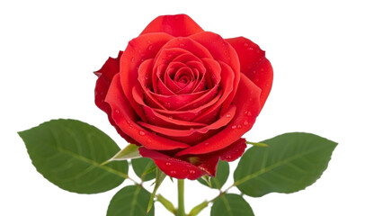 Fototapeta premium Single red rose with water droplets and green leaves on black background flower bloom