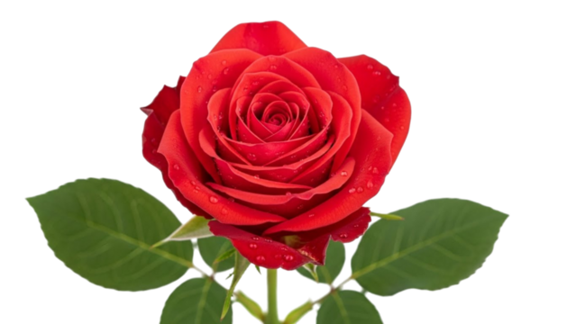 Single red rose with water droplets and green leaves on black background flower bloom