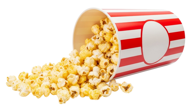 A bucket of popcorn spilling out onto a transparent background with red and white striped container - Powered by Adobe