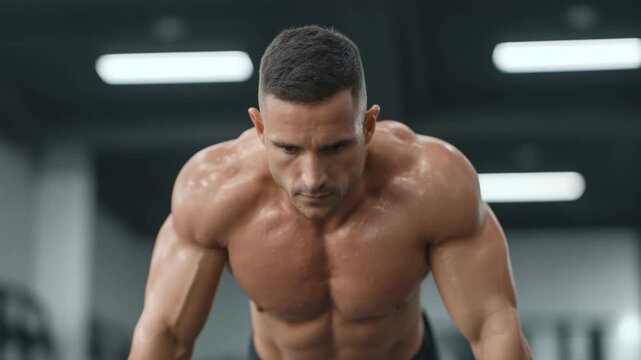 Focused young man exercising in gym while performing push-ups for strength training and fitness improvement 4k Video footage