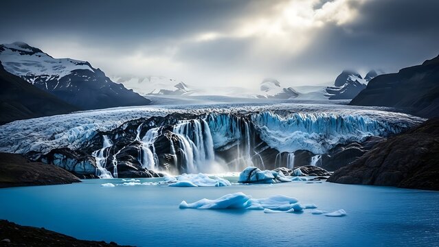 Dramatic glacier landscape with waterfalls and iceberg filled lagoon against mountainous backdrop offering a scene of stark beauty and environmental awareness
