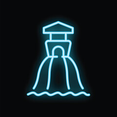 Blue neon sign representing a hydroelectric power plant generating electricity from the water flow on a black background