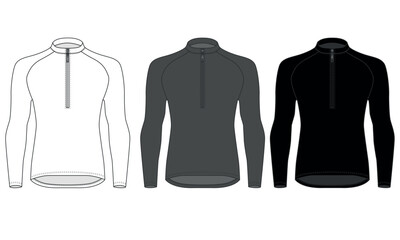 A collection of long-sleeved zip-up shirts in gray, white, and black. A set of mock-up cycling jerseys with high collars and zippers. A sketch of a casual sports jacket made of fleece and knit fabric. © Iryna