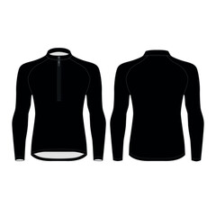 Vector illustration of a black long-sleeved zip-up   shirt, front and back views. Mockup of a high-necked cycling jersey with a zipper. Sketch of a casual sports jacket made of fleece and knit fabric. © Iryna