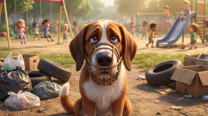 Sad brown dog with a muzzle sits in a playground. Children play in the background, surrounded by trash and old tires. The scene highlights urban neglect.Generative Ai 
