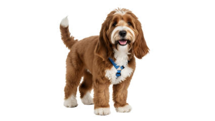 Adorable brown and white Goldendoodle dog standing wearing a blue collar isolated on white background