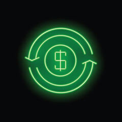 Obraz premium Green neon sign representing money circulation concept with a dollar sign in the center and two arrows making a circle around it