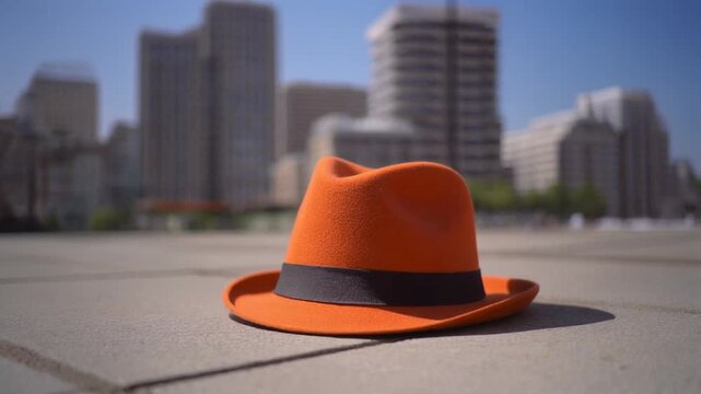 An orange fedora hat rests on a paved surface with blurred city buildings in the background under sunlight.