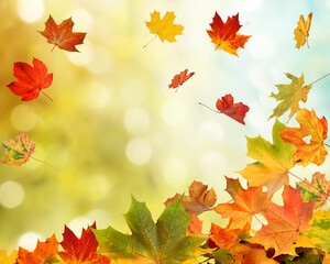 Colorful autumn leaves falling against a bright bokeh background create a vibrant seasonal scene perfect for fall themed designs and backgrounds on transparent background