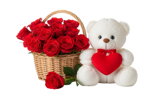 White teddy bear holding red heart beside basket of red roses rose basket