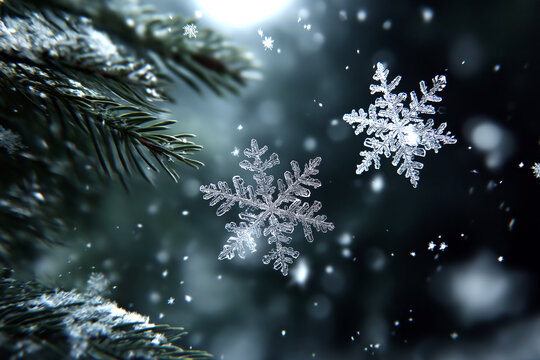 Winter scene of snowflakes captured in midair against a dark evergreen backdrop