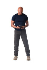 Naklejka premium view of a man holding a smartphone on white background