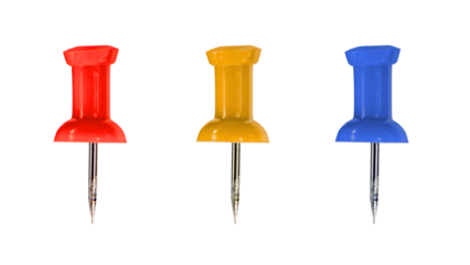 Set of three colorful pushpins isolated on transparent background