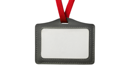 Empty grey identification badge holder with a clear display window and a striking red lanyard on transparent background