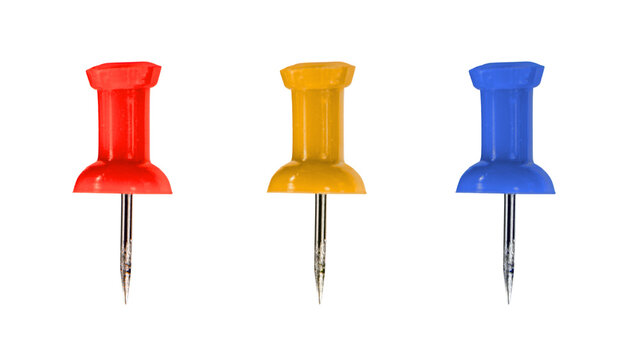 Set of three colorful pushpins isolated on transparent background