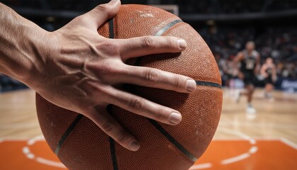 hand gripping basketball during game symbolizing competitive spirit sports culture and energetic moment in indoor arena