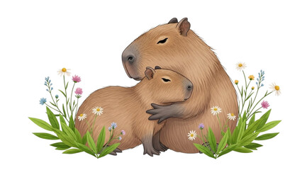 Two capybaras embracing surrounded by wildflowers and green leaves animal mammal