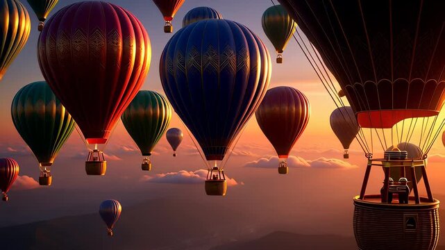 Colorful hot air balloons floating peacefully above clouds during a golden sunset in a cinematic 3D animation, symbolizing travel adventure and freedom.