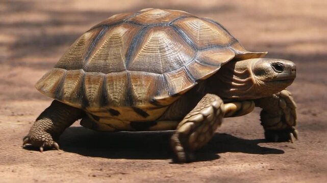 A large tortoise walks across the sandy ground, showcasing its patterned shell.