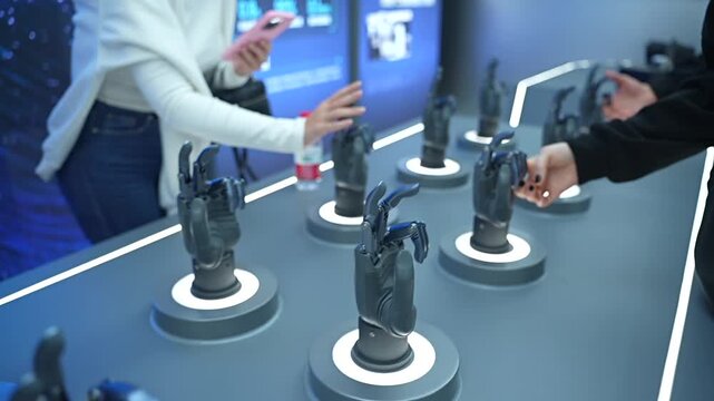 Visitors at a modern technology exhibition touching and testing futuristic bionic prosthetic hands, demonstrating the advancement of robotics and artificial intelligence in medicine and engineering