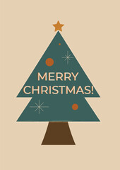 Merry Christmas, Happy New Year, Mid-century Modern Vector Illustration with Christmas Tree