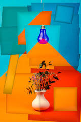 Abstract collage with a light bulb and a bouquet of flowers