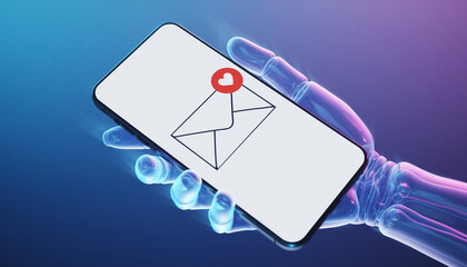 Digital Affection: A glowing digital hand cradles a sleek smartphone, its screen displaying an envelope icon marked with a heart, symbolizing the warmth of modern digital communication.