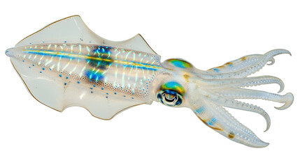 Close-up of a live squid iridescent colors and translucent body isolated on white background