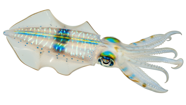 Close-up of a live squid iridescent colors and translucent body isolated on white background