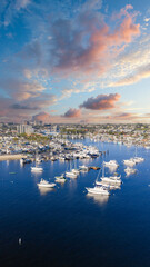 Aerial shot of boats and yachts in the Newport Bay in Newport Beach California USA