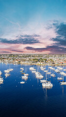 Aerial shot of boats and yachts in the Newport Bay in Newport Beach California USA