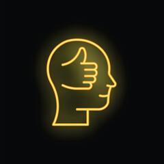 Neon sign showing a head with a thumbs up inside, representing positive thinking, self esteem and mental health