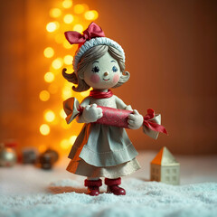 Doll holding a Christmas cracker in a cozy holiday setting  