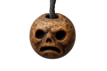 Scary skull face hanging from rope on transparent background