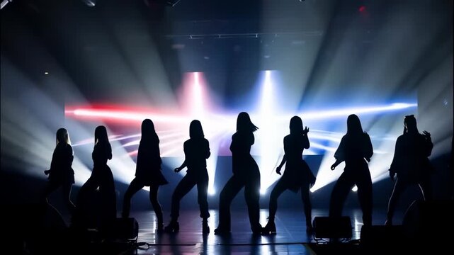Silhouettes of a famous K-pop girl group idol band dancing on a stage. Concept of a live concert performance with red lights and star celebrity entertainment. 