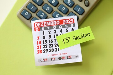 Brazilian 13th salary concept with "13º Salário" text,  calendar and calculator. 13º salário Brasileiro. 