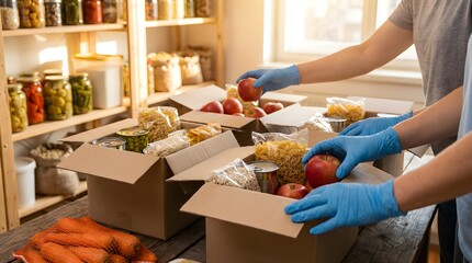 Volunteers Packing Food Boxes For Charity Drive During a Community Event