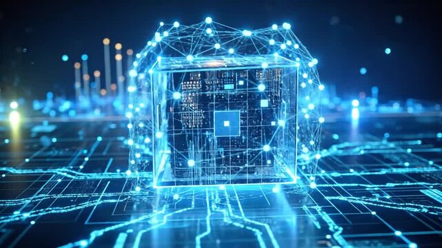 Futuristic Digital Cube with Glowing Connections and Circuitry.