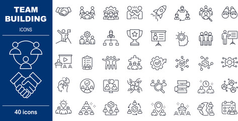 Team Building and Corporate Collaboration Vector Icons. Set of 40 editable stroke symbols for group dynamics, leadership, and success. Includes handshake, network, and trophy