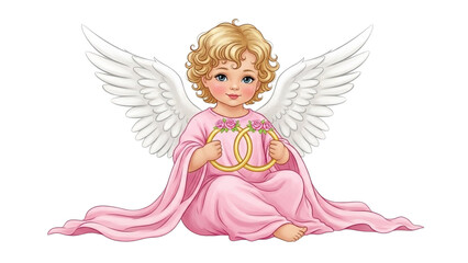 Cute blonde angel baby in pink dress holding wedding rings with roses child blonde hair