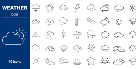 Weather and Climate Conditions Vector Icons. Set of 40 editable stroke symbols for forecasts, temperature, and atmospheric phenomena. Includes sun, cloud, rain, and thermometer