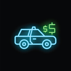 Neon taxi cab icon is glowing on a dark background, representing the cost of transportation