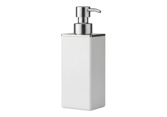 White rectangular soap dispenser with a silver pump.