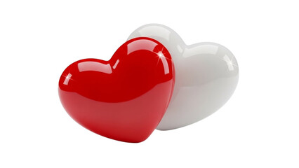 Two glossy hearts one red one white overlapping on black background love symbol